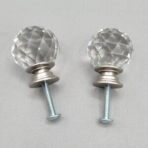 Faceted Crystal Glass Round Drawer Knobs Brushed Silver Base Set of 2